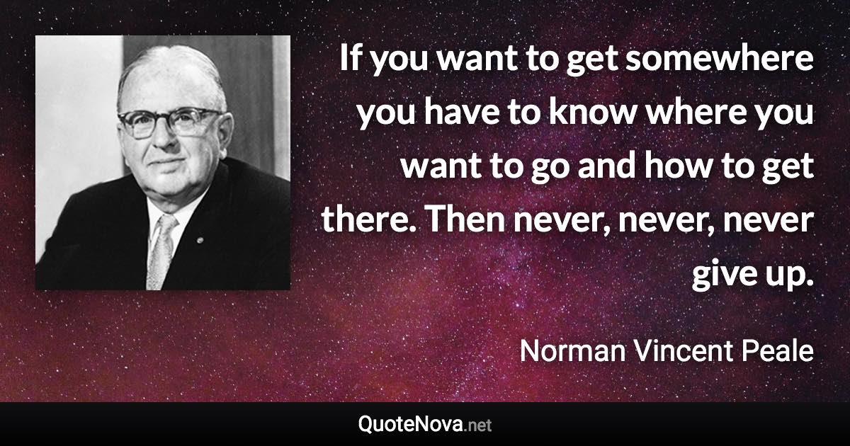 If you want to get somewhere you have to know where you want to go and how to get there. Then never, never, never give up. - Norman Vincent Peale quote