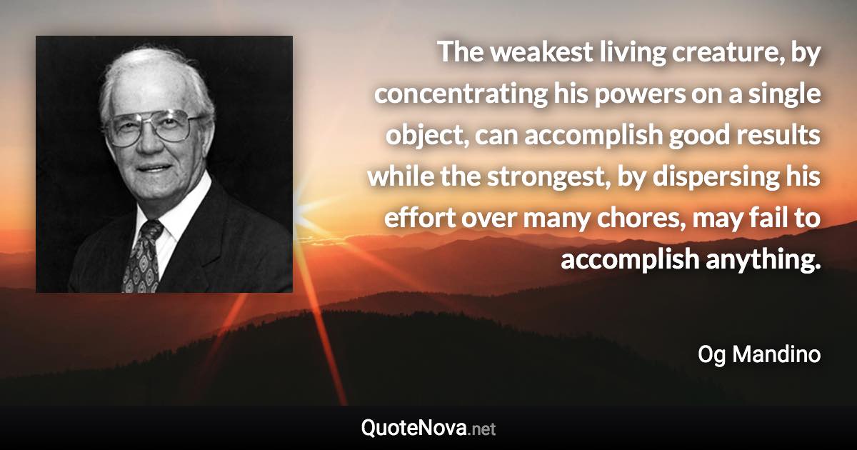 The weakest living creature, by concentrating his powers on a single object, can accomplish good results while the strongest, by dispersing his effort over many chores, may fail to accomplish anything. - Og Mandino quote