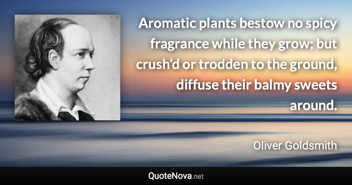 Aromatic plants bestow no spicy fragrance while they grow; but crush’d or trodden to the ground, diffuse their balmy sweets around. - Oliver Goldsmith quote