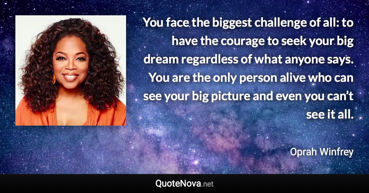 You face the biggest challenge of all: to have the courage to seek your big dream regardless of what anyone says. You are the only person alive who can see your big picture and even you can’t see it all. - Oprah Winfrey quote