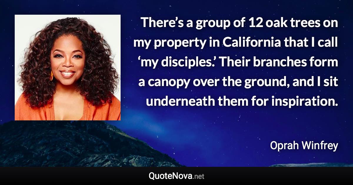 There’s a group of 12 oak trees on my property in California that I call ‘my disciples.’ Their branches form a canopy over the ground, and I sit underneath them for inspiration. - Oprah Winfrey quote
