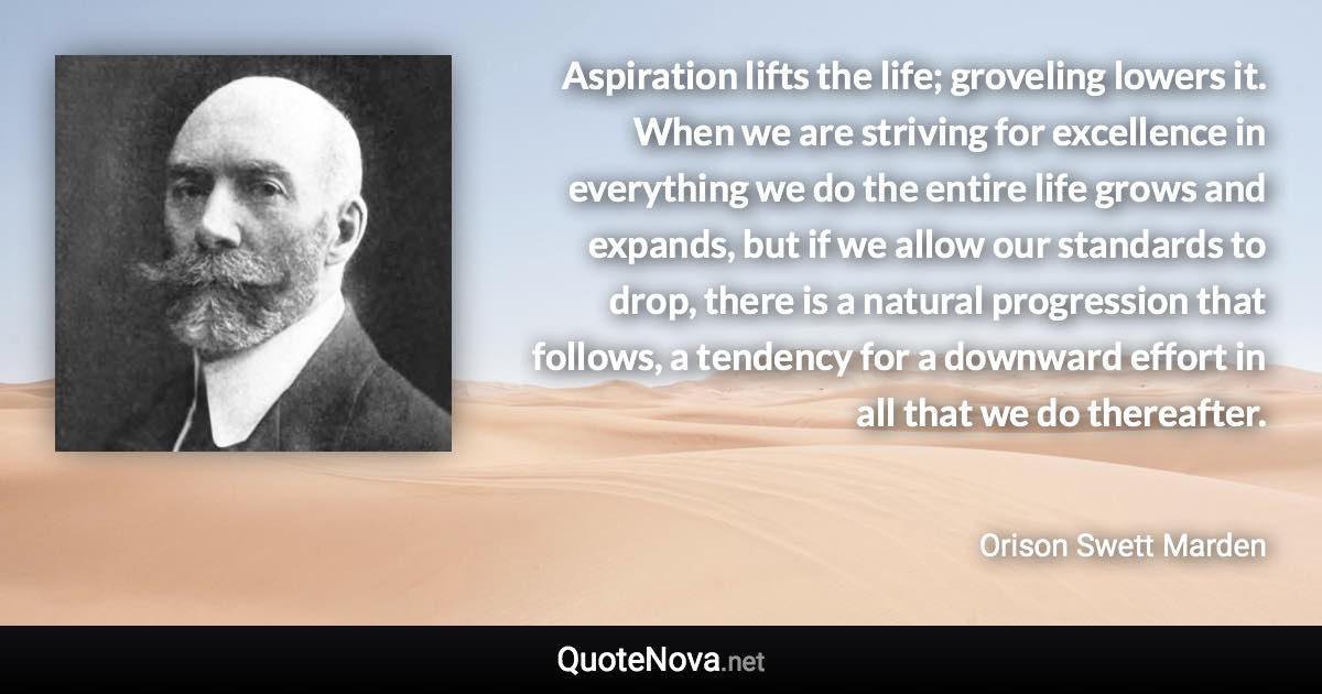 Aspiration lifts the life; groveling lowers it. When we are striving for excellence in everything we do the entire life grows and expands, but if we allow our standards to drop, there is a natural progression that follows, a tendency for a downward effort in all that we do thereafter. - Orison Swett Marden quote