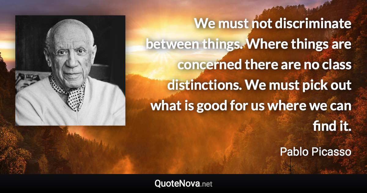 We must not discriminate between things. Where things are concerned there are no class distinctions. We must pick out what is good for us where we can find it. - Pablo Picasso quote