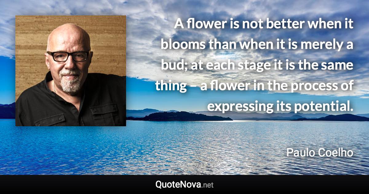 A flower is not better when it blooms than when it is merely a bud; at each stage it is the same thing – a flower in the process of expressing its potential. - Paulo Coelho quote