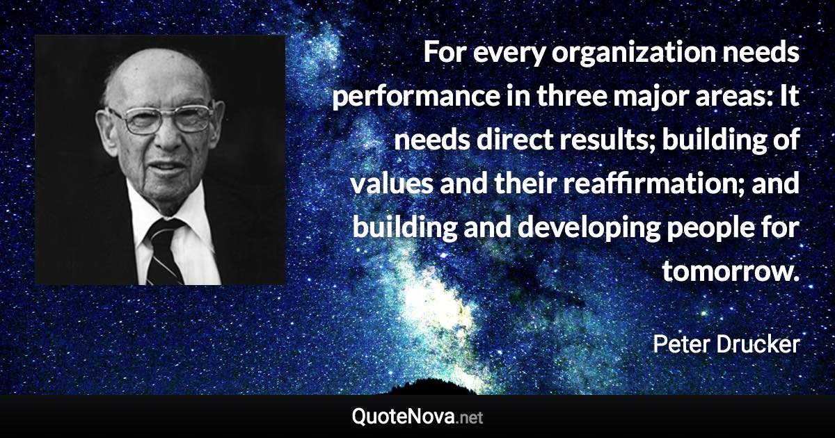 For every organization needs performance in three major areas: It needs direct results; building of values and their reaffirmation; and building and developing people for tomorrow. - Peter Drucker quote