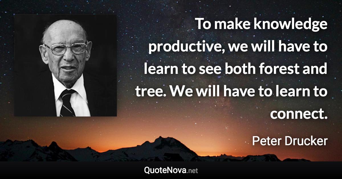 To make knowledge productive, we will have to learn to see both forest and tree. We will have to learn to connect. - Peter Drucker quote