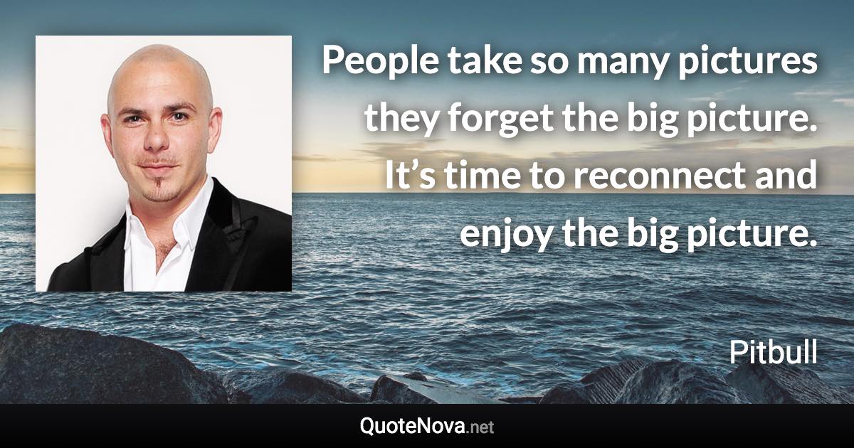 People take so many pictures they forget the big picture. It’s time to reconnect and enjoy the big picture. - Pitbull quote