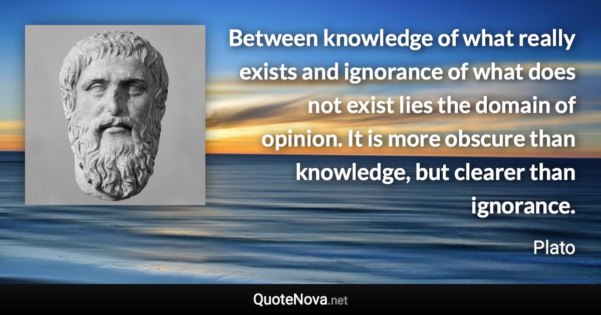 Between knowledge of what really exists and ignorance of what does not exist lies the domain of opinion. It is more obscure than knowledge, but clearer than ignorance. - Plato quote