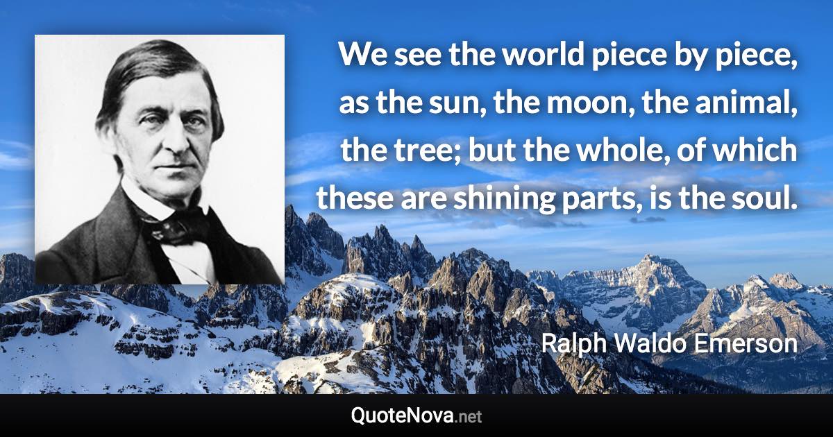 We see the world piece by piece, as the sun, the moon, the animal, the tree; but the whole, of which these are shining parts, is the soul. - Ralph Waldo Emerson quote