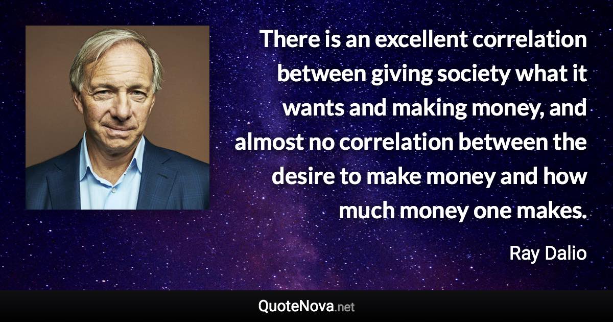 There is an excellent correlation between giving society what it wants and making money, and almost no correlation between the desire to make money and how much money one makes. - Ray Dalio quote