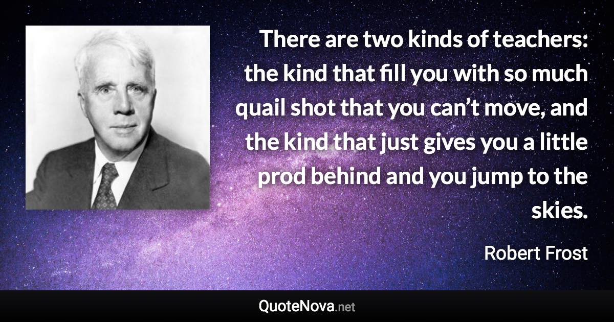 There are two kinds of teachers: the kind that fill you with so much quail shot that you can’t move, and the kind that just gives you a little prod behind and you jump to the skies. - Robert Frost quote