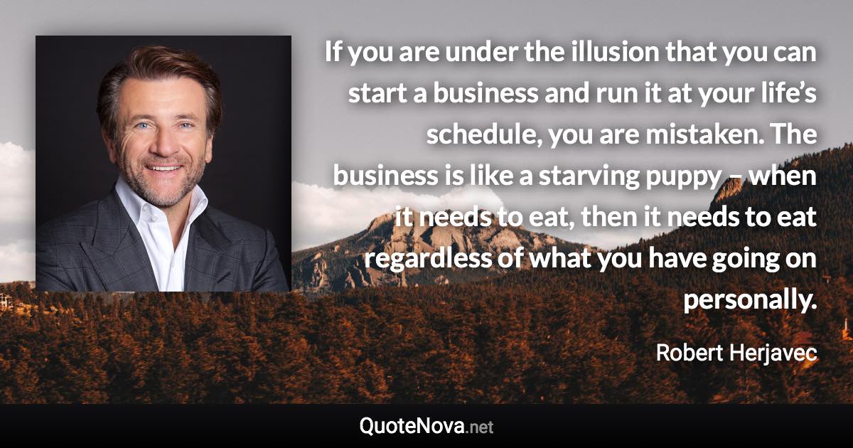 If you are under the illusion that you can start a business and run it at your life’s schedule, you are mistaken. The business is like a starving puppy – when it needs to eat, then it needs to eat regardless of what you have going on personally. - Robert Herjavec quote
