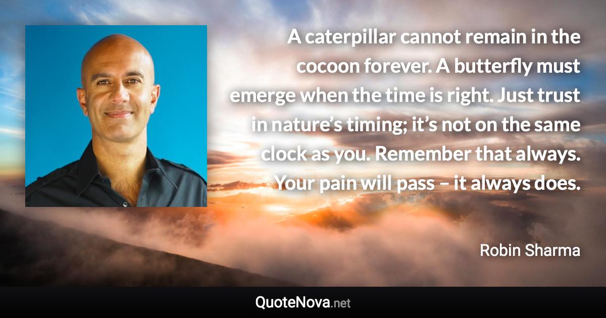 A caterpillar cannot remain in the cocoon forever. A butterfly must emerge when the time is right. Just trust in nature’s timing; it’s not on the same clock as you. Remember that always. Your pain will pass – it always does. - Robin Sharma quote