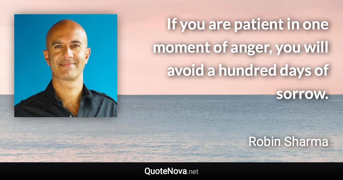 If you are patient in one moment of anger, you will avoid a hundred days of sorrow. - Robin Sharma quote