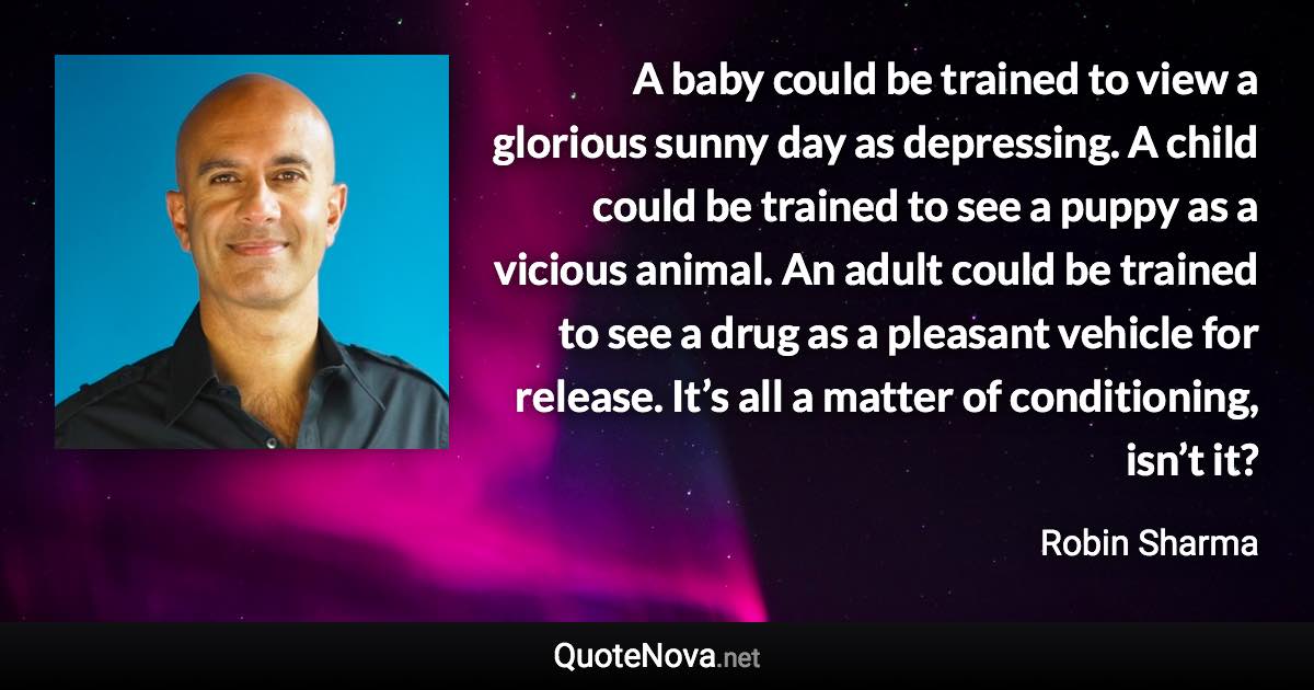 A baby could be trained to view a glorious sunny day as depressing. A child could be trained to see a puppy as a vicious animal. An adult could be trained to see a drug as a pleasant vehicle for release. It’s all a matter of conditioning, isn’t it? - Robin Sharma quote