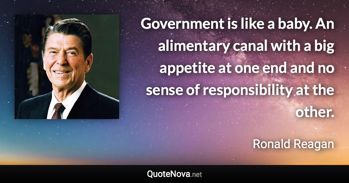 Government is like a baby. An alimentary canal with a big appetite at one end and no sense of responsibility at the other. - Ronald Reagan quote