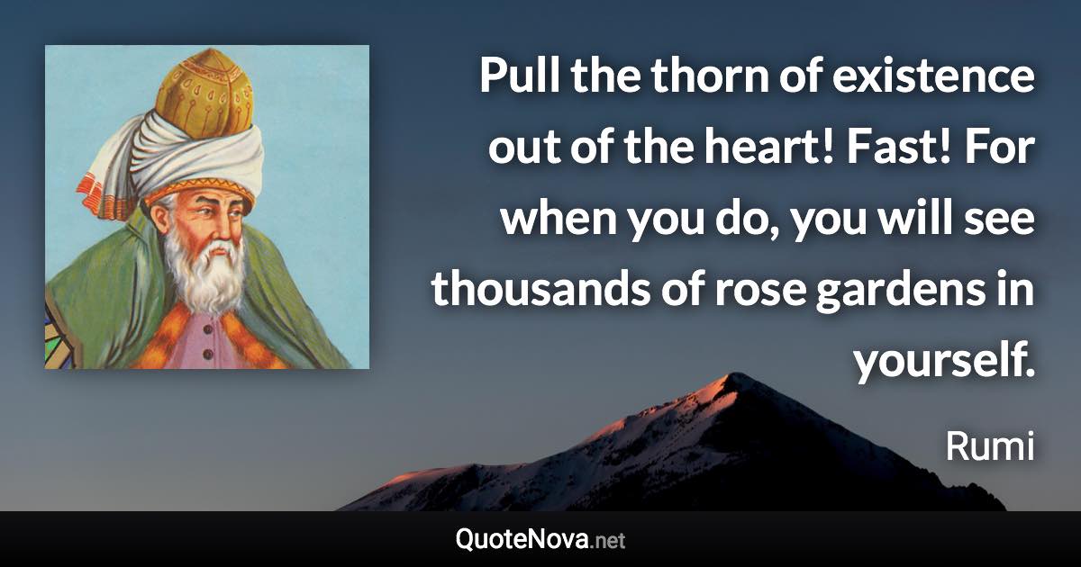 Pull the thorn of existence out of the heart! Fast! For when you do, you will see thousands of rose gardens in yourself. - Rumi quote