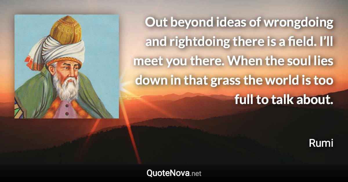 Out beyond ideas of wrongdoing and rightdoing there is a field. I’ll meet you there. When the soul lies down in that grass the world is too full to talk about. - Rumi quote