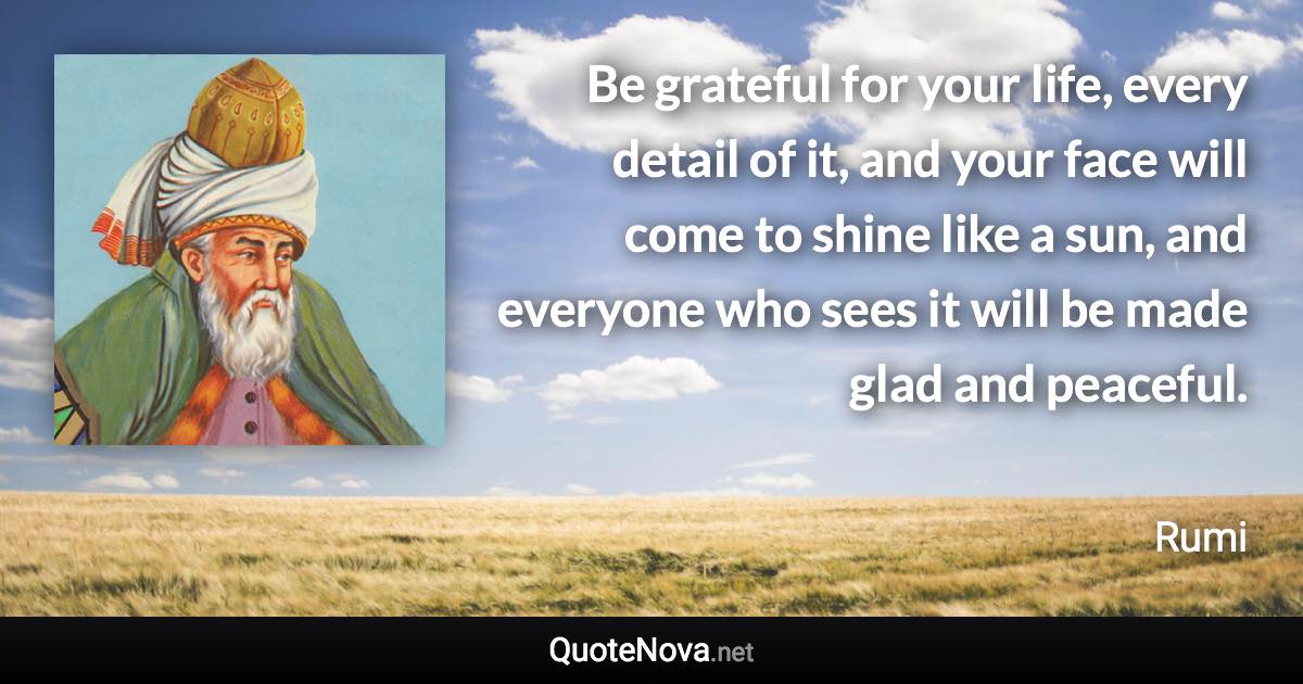 Be grateful for your life, every detail of it, and your face will come to shine like a sun, and everyone who sees it will be made glad and peaceful. - Rumi quote