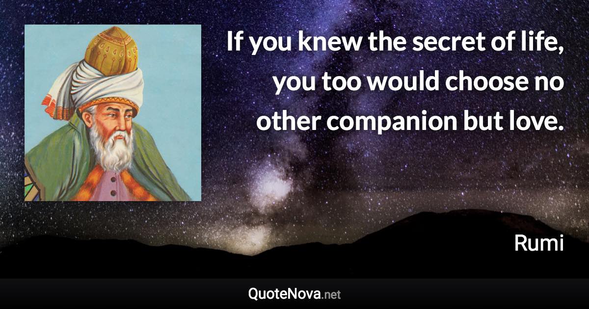 If you knew the secret of life, you too would choose no other companion but love. - Rumi quote