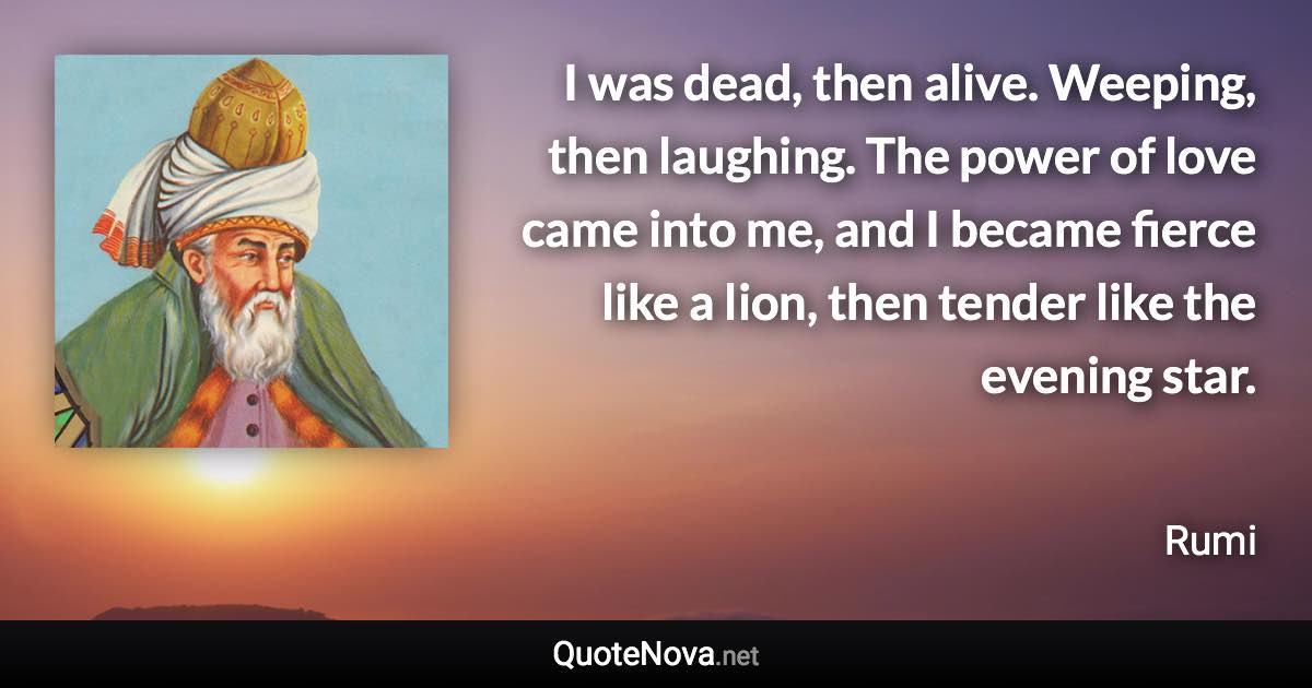 I was dead, then alive. Weeping, then laughing. The power of love came into me, and I became fierce like a lion, then tender like the evening star. - Rumi quote