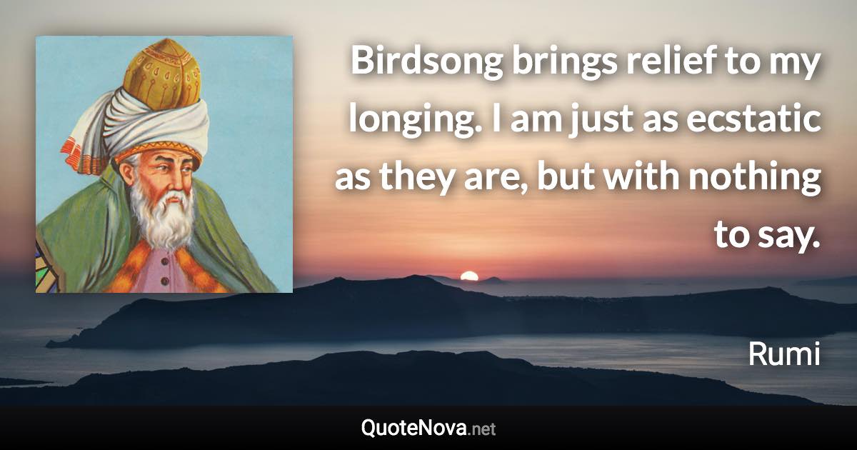 Birdsong brings relief to my longing. I am just as ecstatic as they are, but with nothing to say. - Rumi quote