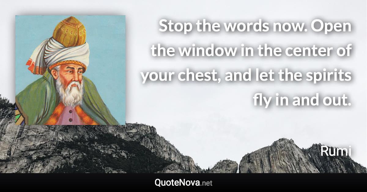 Stop the words now. Open the window in the center of your chest, and let the spirits fly in and out. - Rumi quote