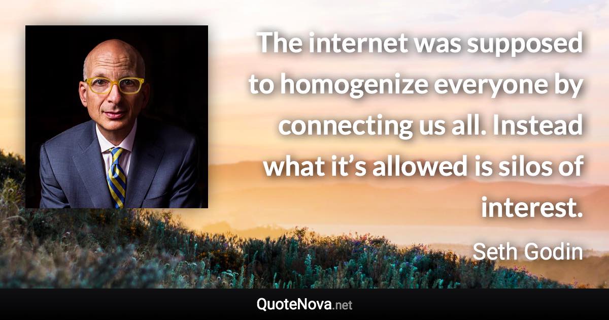 The internet was supposed to homogenize everyone by connecting us all. Instead what it’s allowed is silos of interest. - Seth Godin quote