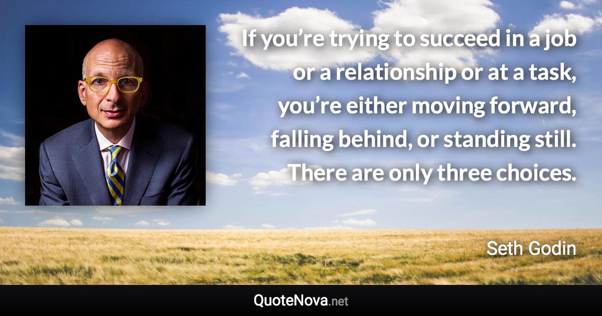 If you’re trying to succeed in a job or a relationship or at a task, you’re either moving forward, falling behind, or standing still. There are only three choices. - Seth Godin quote