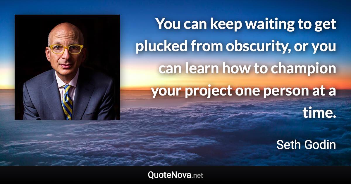 You can keep waiting to get plucked from obscurity, or you can learn how to champion your project one person at a time. - Seth Godin quote