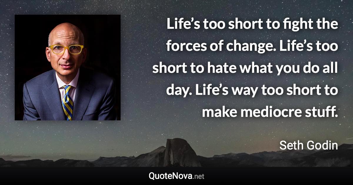 Life’s too short to fight the forces of change. Life’s too short to hate what you do all day. Life’s way too short to make mediocre stuff. - Seth Godin quote