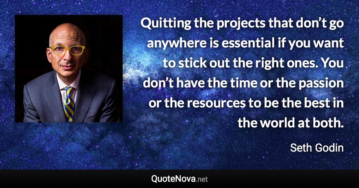 Quitting the projects that don’t go anywhere is essential if you want to stick out the right ones. You don’t have the time or the passion or the resources to be the best in the world at both. - Seth Godin quote