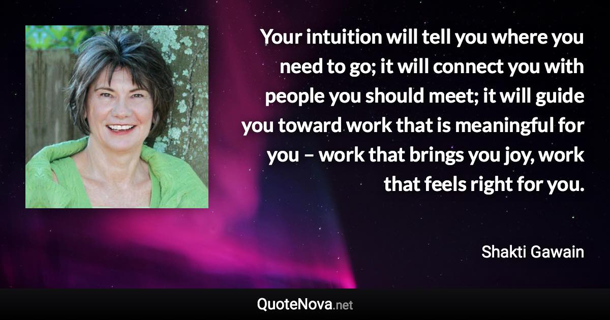 Your intuition will tell you where you need to go; it will connect you with people you should meet; it will guide you toward work that is meaningful for you – work that brings you joy, work that feels right for you. - Shakti Gawain quote