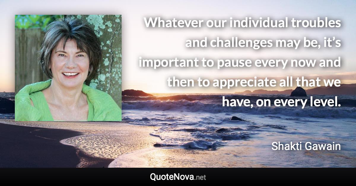 Whatever our individual troubles and challenges may be, it’s important to pause every now and then to appreciate all that we have, on every level. - Shakti Gawain quote