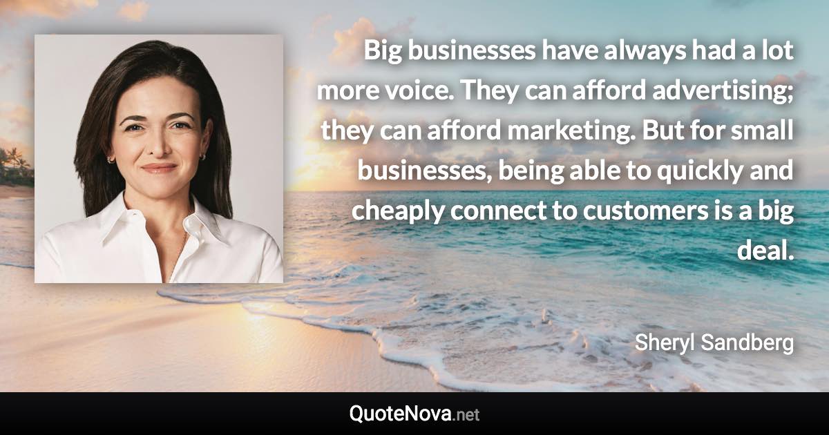 Big businesses have always had a lot more voice. They can afford advertising; they can afford marketing. But for small businesses, being able to quickly and cheaply connect to customers is a big deal. - Sheryl Sandberg quote