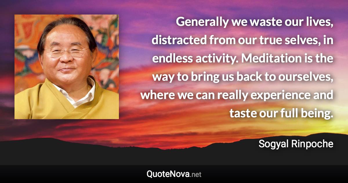 Generally we waste our lives, distracted from our true selves, in endless activity. Meditation is the way to bring us back to ourselves, where we can really experience and taste our full being. - Sogyal Rinpoche quote