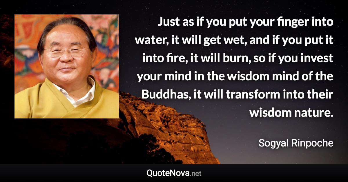 Just as if you put your finger into water, it will get wet, and if you put it into fire, it will burn, so if you invest your mind in the wisdom mind of the Buddhas, it will transform into their wisdom nature. - Sogyal Rinpoche quote