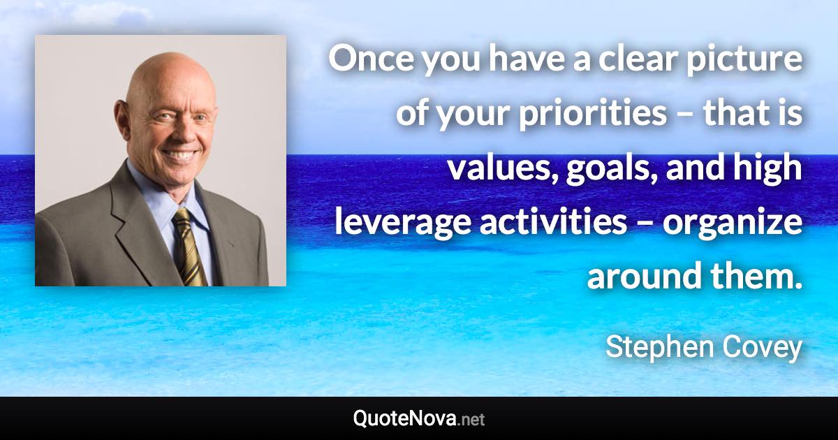 Once you have a clear picture of your priorities – that is values, goals, and high leverage activities – organize around them. - Stephen Covey quote