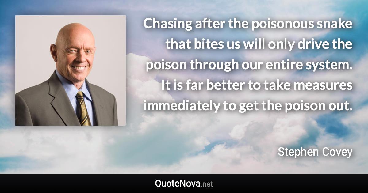 Chasing after the poisonous snake that bites us will only drive the poison through our entire system. It is far better to take measures immediately to get the poison out. - Stephen Covey quote