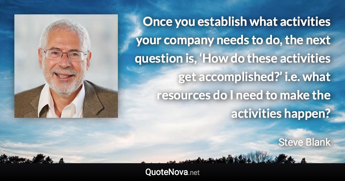 Once you establish what activities your company needs to do, the next question is, ‘How do these activities get accomplished?’ i.e. what resources do I need to make the activities happen? - Steve Blank quote