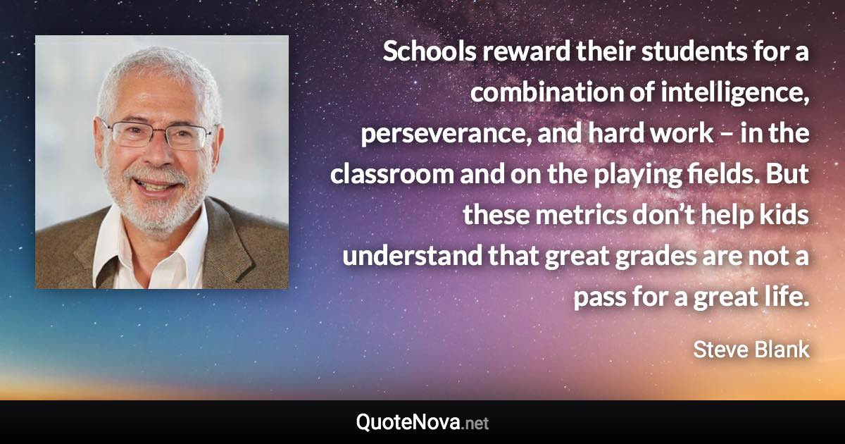 Schools reward their students for a combination of intelligence, perseverance, and hard work – in the classroom and on the playing fields. But these metrics don’t help kids understand that great grades are not a pass for a great life. - Steve Blank quote