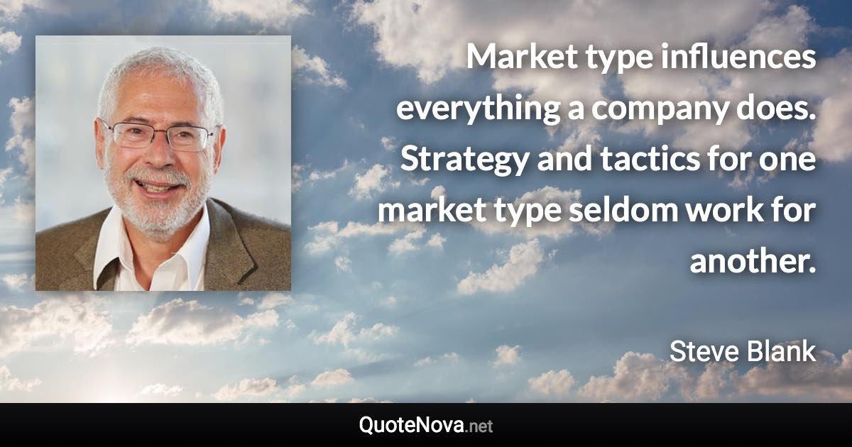 Market type influences everything a company does. Strategy and tactics for one market type seldom work for another. - Steve Blank quote