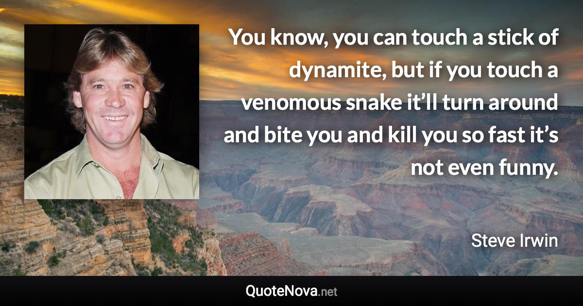 You know, you can touch a stick of dynamite, but if you touch a venomous snake it’ll turn around and bite you and kill you so fast it’s not even funny. - Steve Irwin quote
