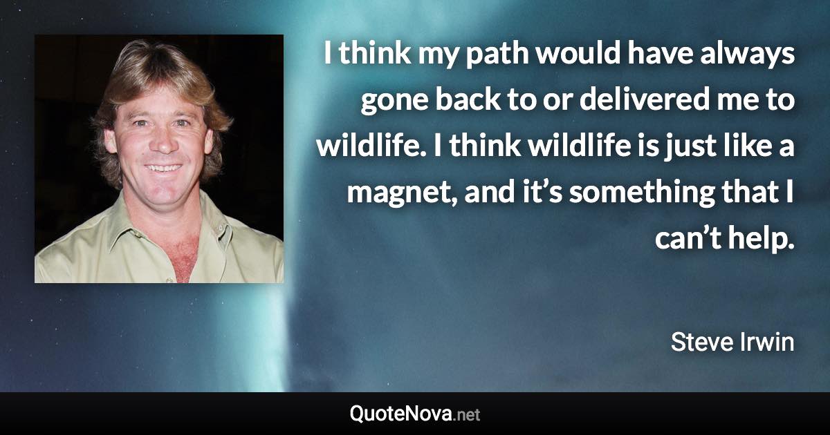 I think my path would have always gone back to or delivered me to wildlife. I think wildlife is just like a magnet, and it’s something that I can’t help. - Steve Irwin quote
