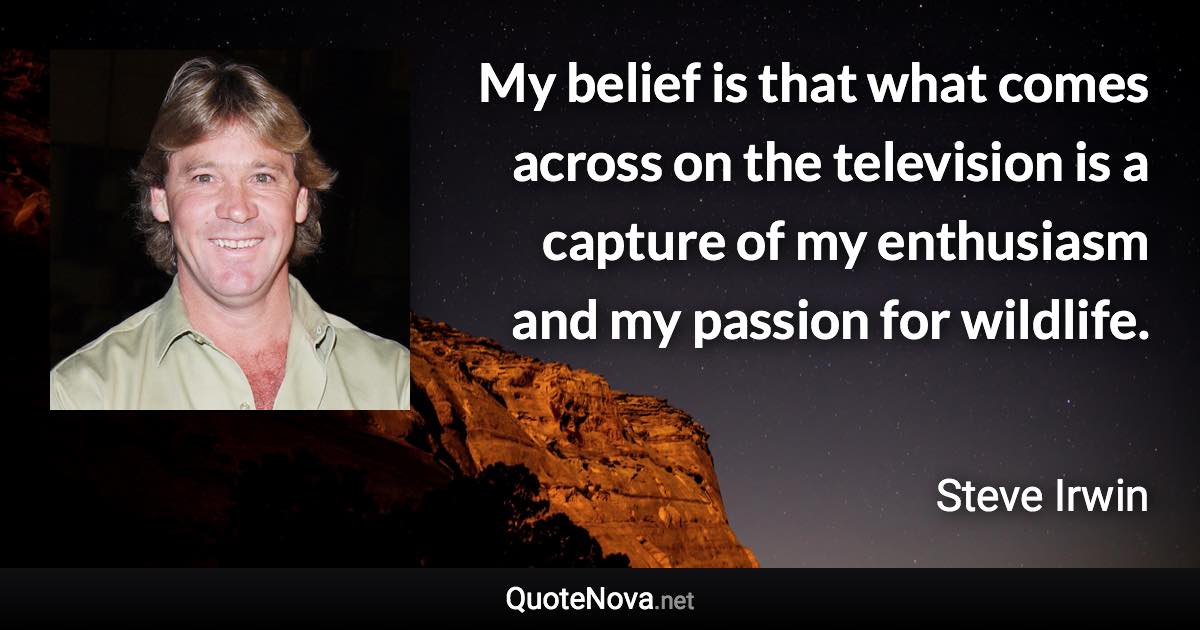 My belief is that what comes across on the television is a capture of my enthusiasm and my passion for wildlife. - Steve Irwin quote