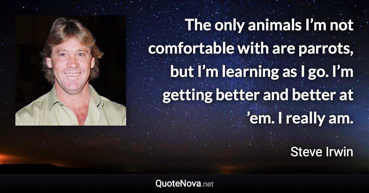 The only animals I’m not comfortable with are parrots, but I’m learning as I go. I’m getting better and better at ’em. I really am. - Steve Irwin quote