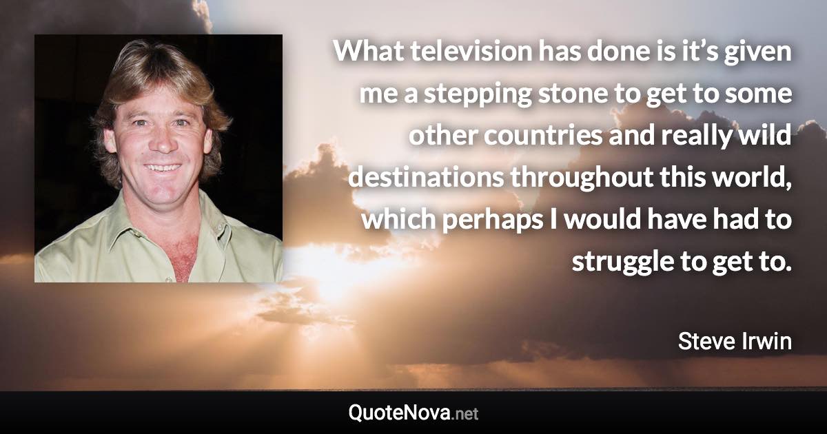 What television has done is it’s given me a stepping stone to get to some other countries and really wild destinations throughout this world, which perhaps I would have had to struggle to get to. - Steve Irwin quote