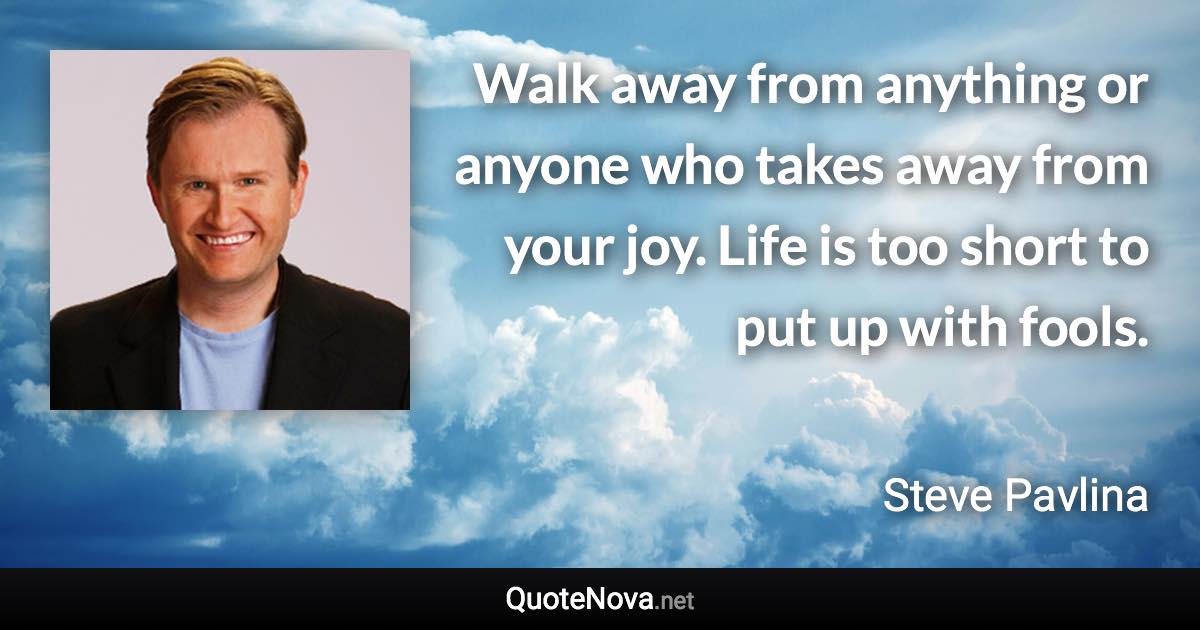 Walk away from anything or anyone who takes away from your joy. Life is too short to put up with fools. - Steve Pavlina quote