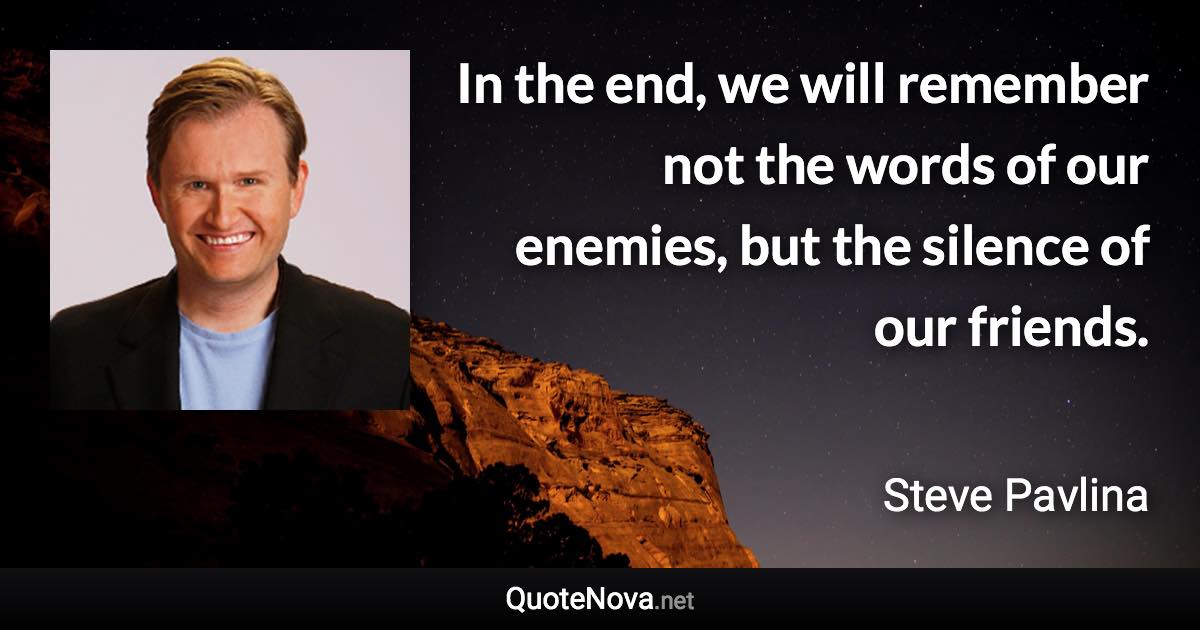 In the end, we will remember not the words of our enemies, but the silence of our friends. - Steve Pavlina quote