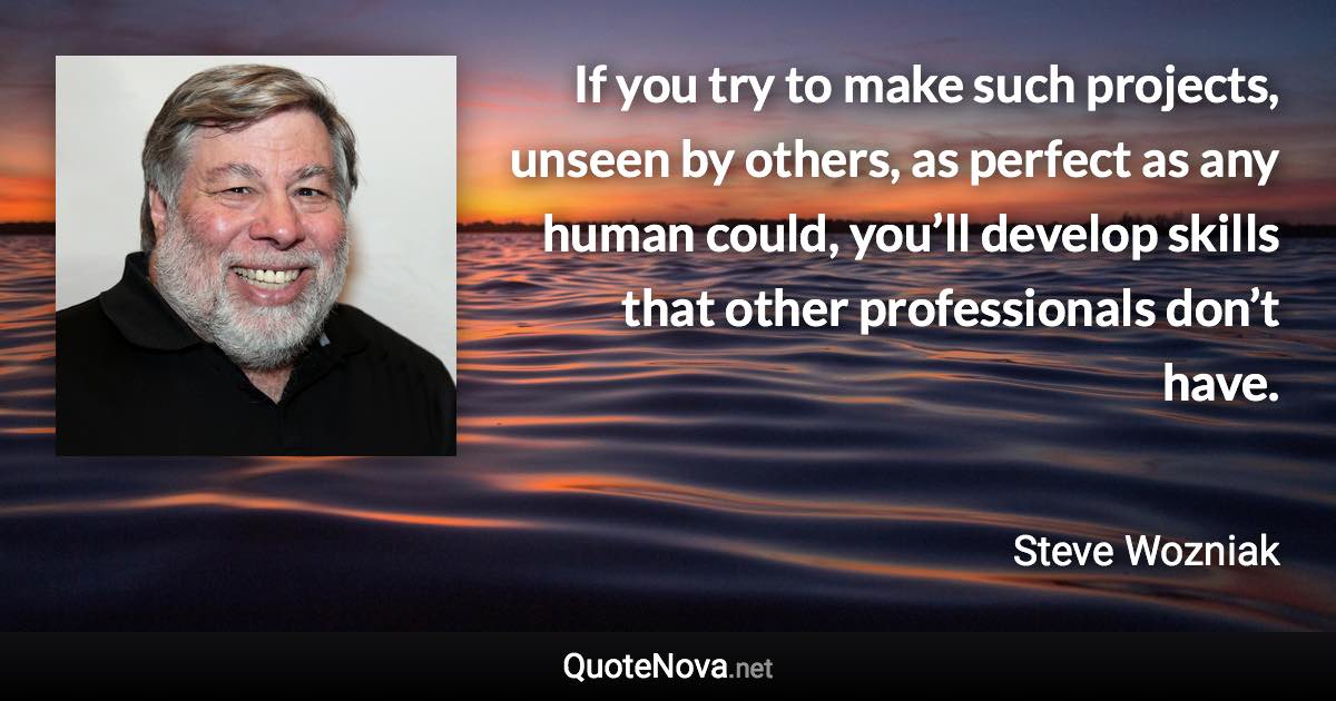 If you try to make such projects, unseen by others, as perfect as any human could, you’ll develop skills that other professionals don’t have. - Steve Wozniak quote